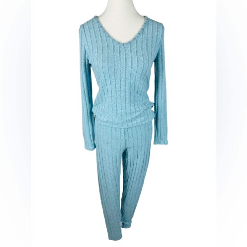 Women's Blue Ribbed Knit Sleepwear Set Size S